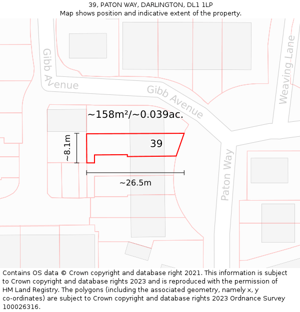 39, PATON WAY, DARLINGTON, DL1 1LP: Plot and title map