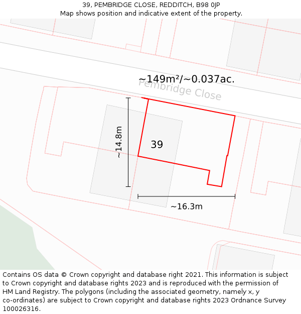 39, PEMBRIDGE CLOSE, REDDITCH, B98 0JP: Plot and title map