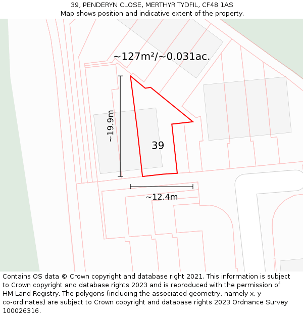 39, PENDERYN CLOSE, MERTHYR TYDFIL, CF48 1AS: Plot and title map