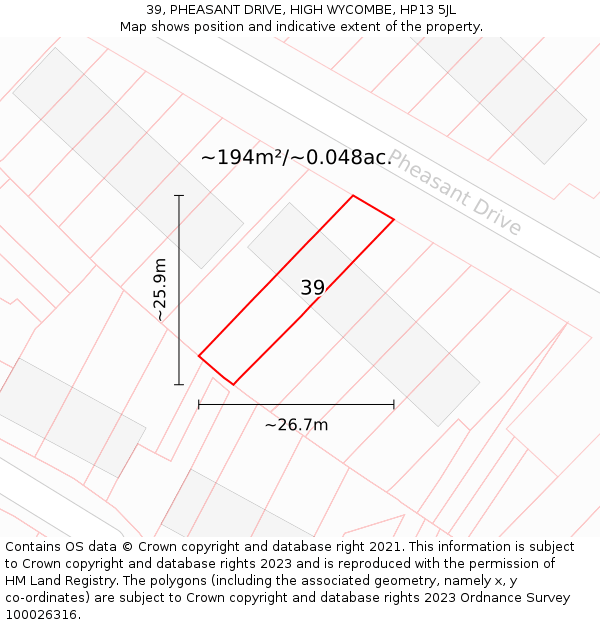 39, PHEASANT DRIVE, HIGH WYCOMBE, HP13 5JL: Plot and title map
