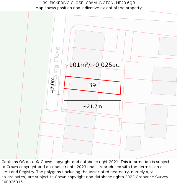 39, PICKERING CLOSE, CRAMLINGTON, NE23 6QB: Plot and title map