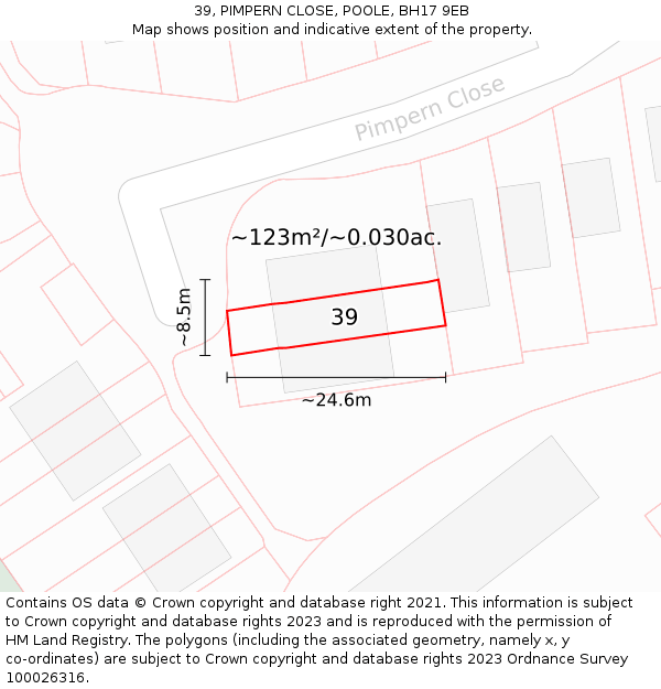 39, PIMPERN CLOSE, POOLE, BH17 9EB: Plot and title map