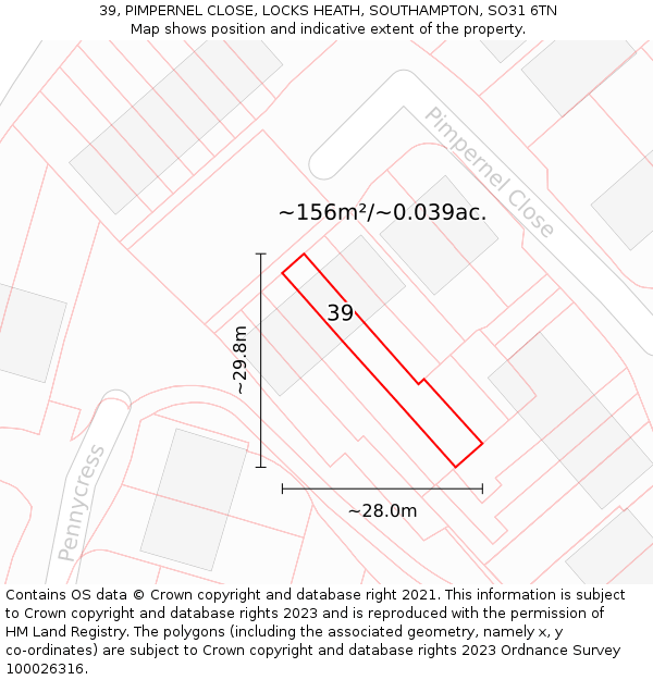 39, PIMPERNEL CLOSE, LOCKS HEATH, SOUTHAMPTON, SO31 6TN: Plot and title map