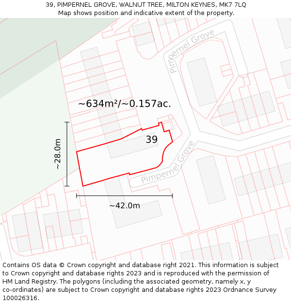 39, PIMPERNEL GROVE, WALNUT TREE, MILTON KEYNES, MK7 7LQ: Plot and title map