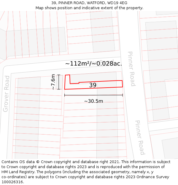 39, PINNER ROAD, WATFORD, WD19 4EG: Plot and title map