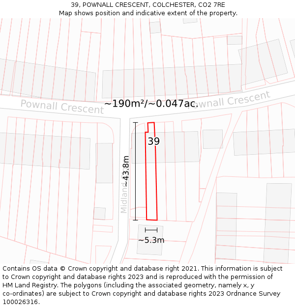 39, POWNALL CRESCENT, COLCHESTER, CO2 7RE: Plot and title map