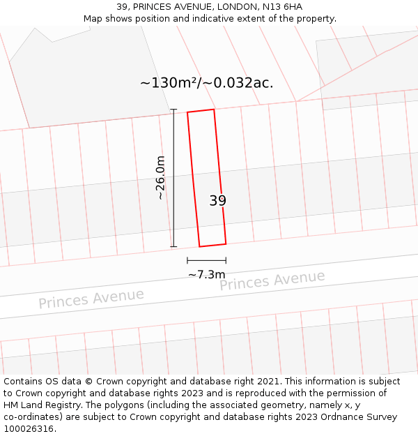 39, PRINCES AVENUE, LONDON, N13 6HA: Plot and title map