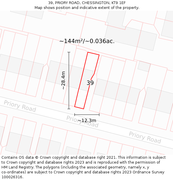 39, PRIORY ROAD, CHESSINGTON, KT9 1EF: Plot and title map