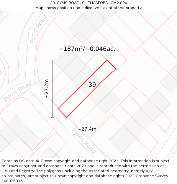 39, PYMS ROAD, CHELMSFORD, CM2 8PX: Plot and title map