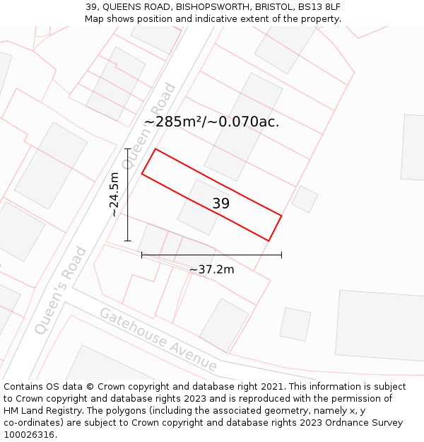39, QUEENS ROAD, BISHOPSWORTH, BRISTOL, BS13 8LF: Plot and title map