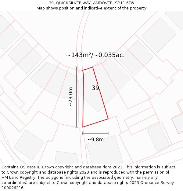 39, QUICKSILVER WAY, ANDOVER, SP11 6TW: Plot and title map