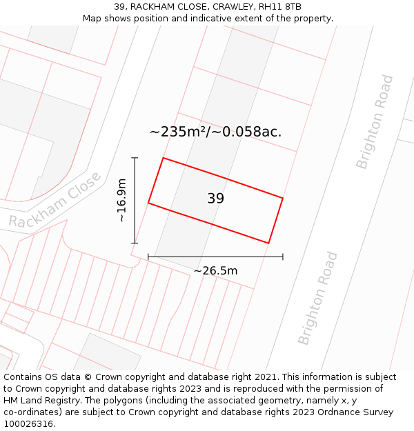 39, RACKHAM CLOSE, CRAWLEY, RH11 8TB: Plot and title map