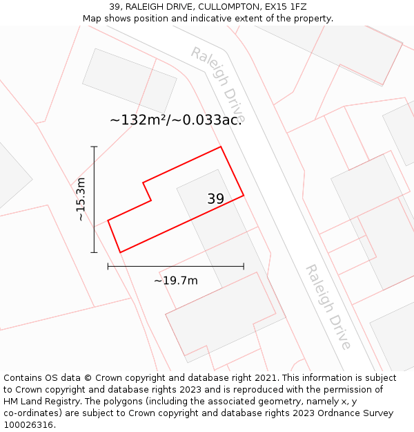 39, RALEIGH DRIVE, CULLOMPTON, EX15 1FZ: Plot and title map