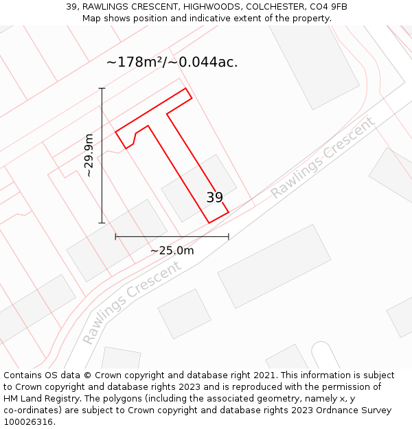 39, RAWLINGS CRESCENT, HIGHWOODS, COLCHESTER, CO4 9FB: Plot and title map
