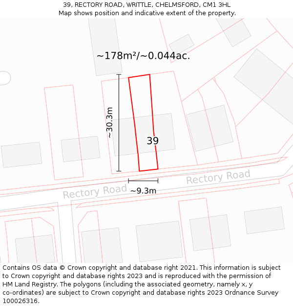 39, RECTORY ROAD, WRITTLE, CHELMSFORD, CM1 3HL: Plot and title map