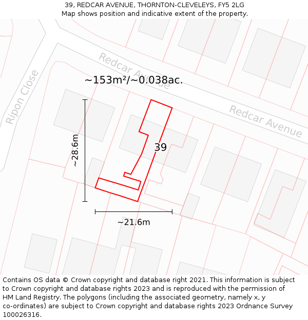 39, REDCAR AVENUE, THORNTON-CLEVELEYS, FY5 2LG: Plot and title map