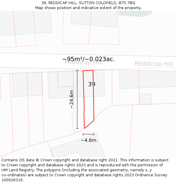 39, REDDICAP HILL, SUTTON COLDFIELD, B75 7BQ: Plot and title map