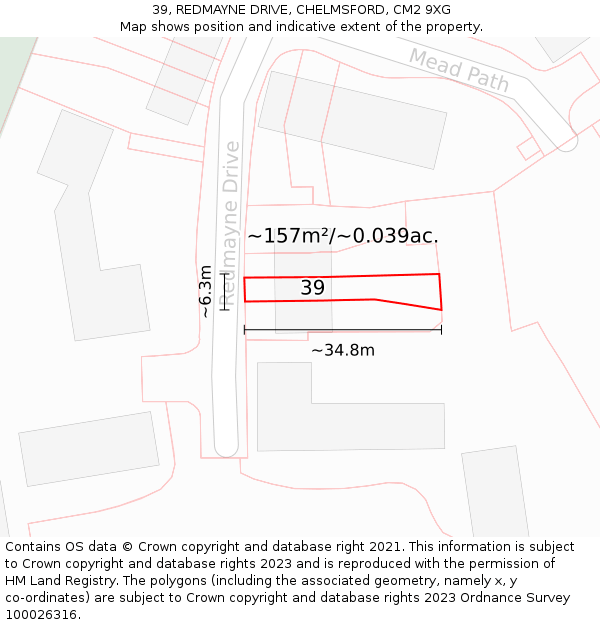39, REDMAYNE DRIVE, CHELMSFORD, CM2 9XG: Plot and title map