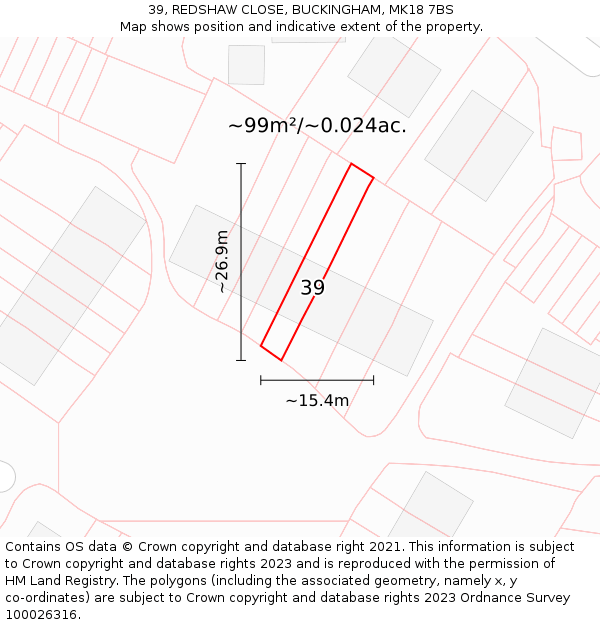 39, REDSHAW CLOSE, BUCKINGHAM, MK18 7BS: Plot and title map
