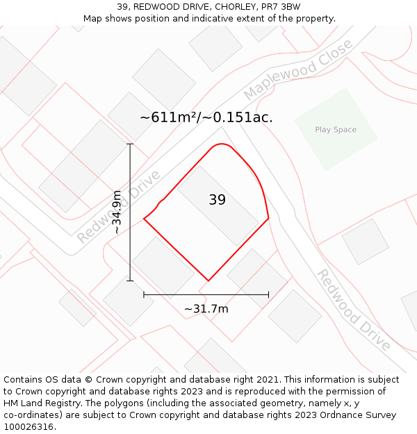 39, REDWOOD DRIVE, CHORLEY, PR7 3BW: Plot and title map