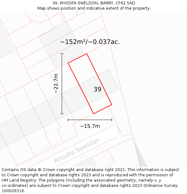 39, RHODFA SWELDON, BARRY, CF62 5AD: Plot and title map