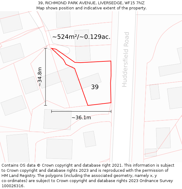 39, RICHMOND PARK AVENUE, LIVERSEDGE, WF15 7NZ: Plot and title map