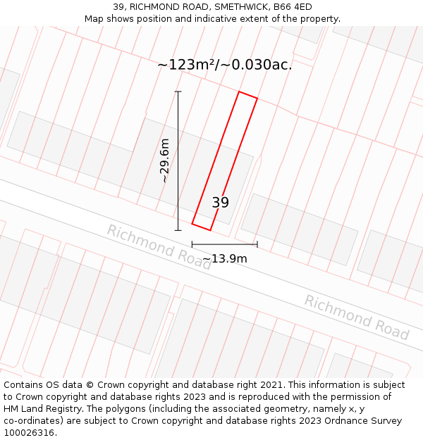 39, RICHMOND ROAD, SMETHWICK, B66 4ED: Plot and title map
