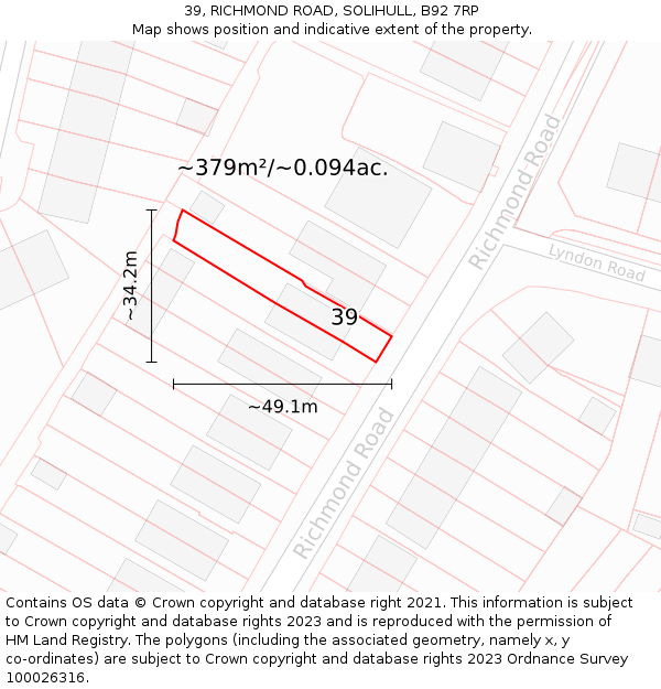 39, RICHMOND ROAD, SOLIHULL, B92 7RP: Plot and title map