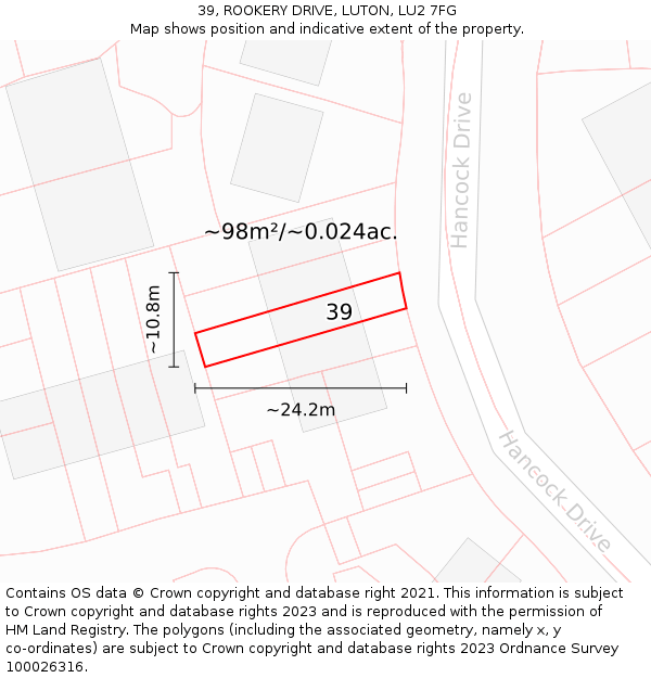 39, ROOKERY DRIVE, LUTON, LU2 7FG: Plot and title map