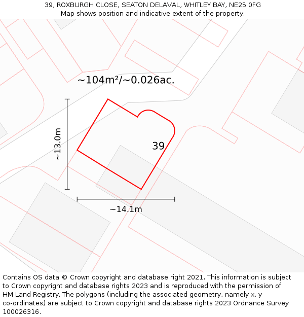 39, ROXBURGH CLOSE, SEATON DELAVAL, WHITLEY BAY, NE25 0FG: Plot and title map