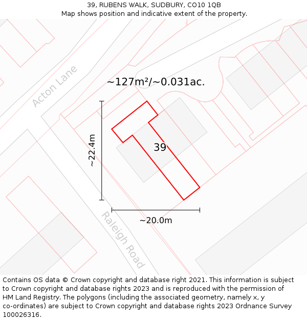 39, RUBENS WALK, SUDBURY, CO10 1QB: Plot and title map