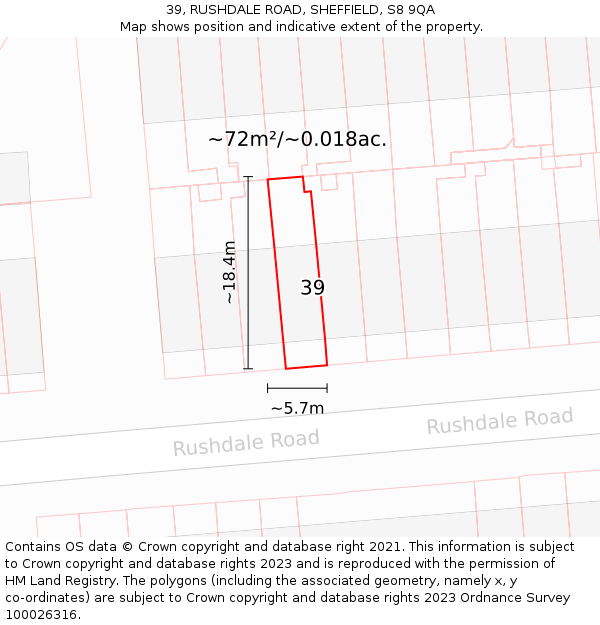 39, RUSHDALE ROAD, SHEFFIELD, S8 9QA: Plot and title map