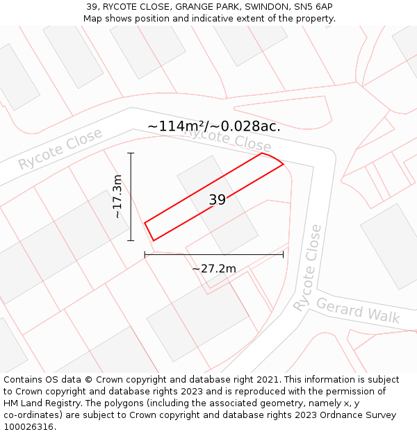 39, RYCOTE CLOSE, GRANGE PARK, SWINDON, SN5 6AP: Plot and title map