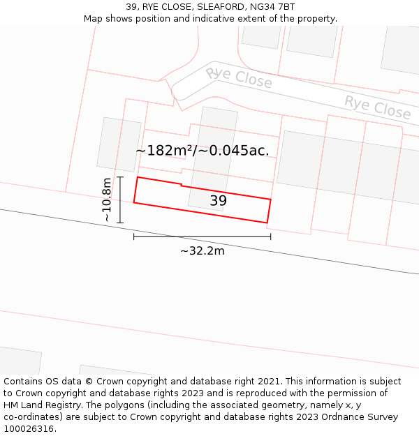 39, RYE CLOSE, SLEAFORD, NG34 7BT: Plot and title map