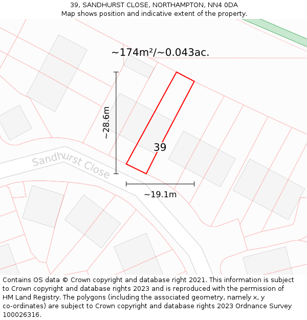 39, SANDHURST CLOSE, NORTHAMPTON, NN4 0DA: Plot and title map