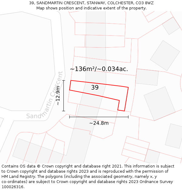 39, SANDMARTIN CRESCENT, STANWAY, COLCHESTER, CO3 8WZ: Plot and title map