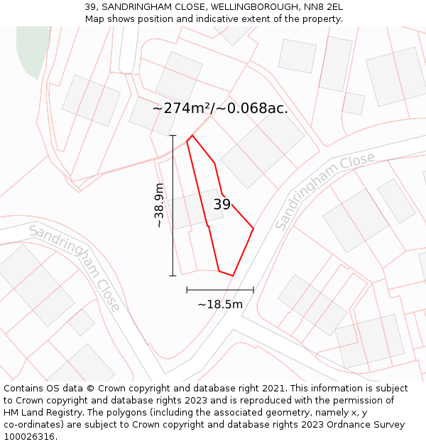 39, SANDRINGHAM CLOSE, WELLINGBOROUGH, NN8 2EL: Plot and title map