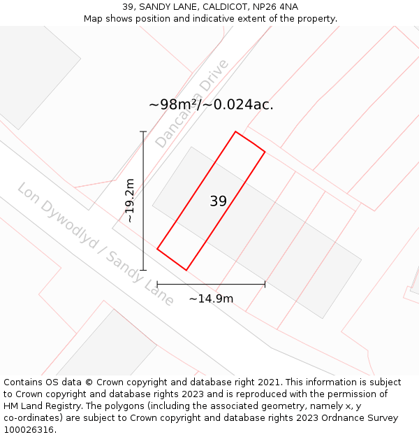 39, SANDY LANE, CALDICOT, NP26 4NA: Plot and title map