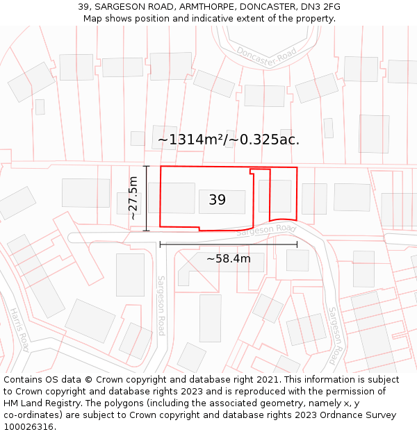 39, SARGESON ROAD, ARMTHORPE, DONCASTER, DN3 2FG: Plot and title map