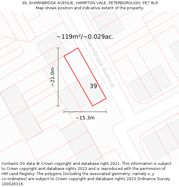 39, SHARNBROOK AVENUE, HAMPTON VALE, PETERBOROUGH, PE7 8LR: Plot and title map