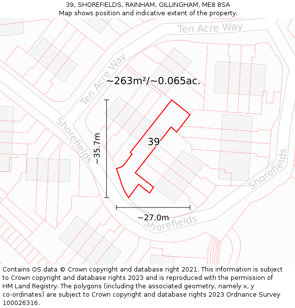 39, SHOREFIELDS, RAINHAM, GILLINGHAM, ME8 8SA: Plot and title map