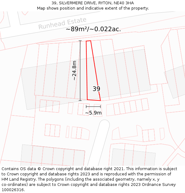 39, SILVERMERE DRIVE, RYTON, NE40 3HA: Plot and title map