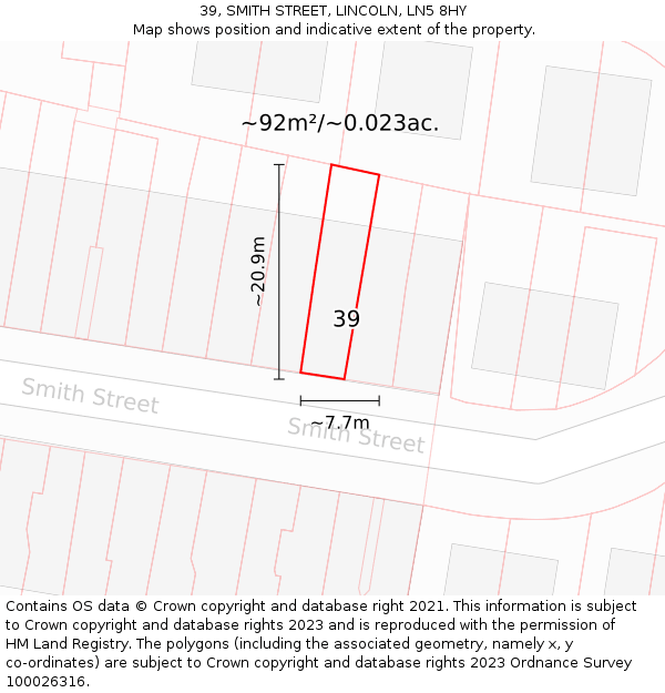 39, SMITH STREET, LINCOLN, LN5 8HY: Plot and title map