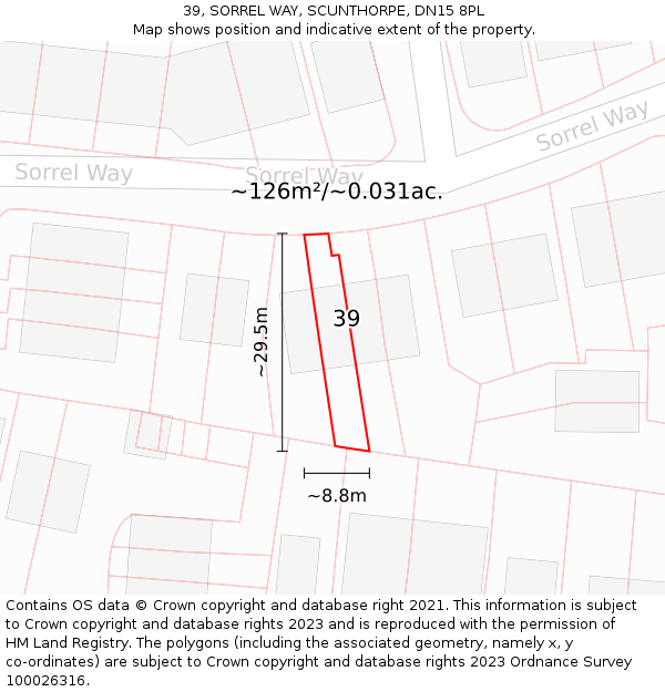 39, SORREL WAY, SCUNTHORPE, DN15 8PL: Plot and title map