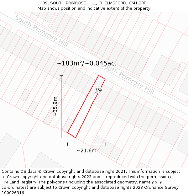 39, SOUTH PRIMROSE HILL, CHELMSFORD, CM1 2RF: Plot and title map