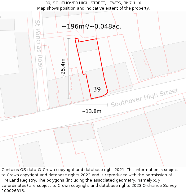 39, SOUTHOVER HIGH STREET, LEWES, BN7 1HX: Plot and title map