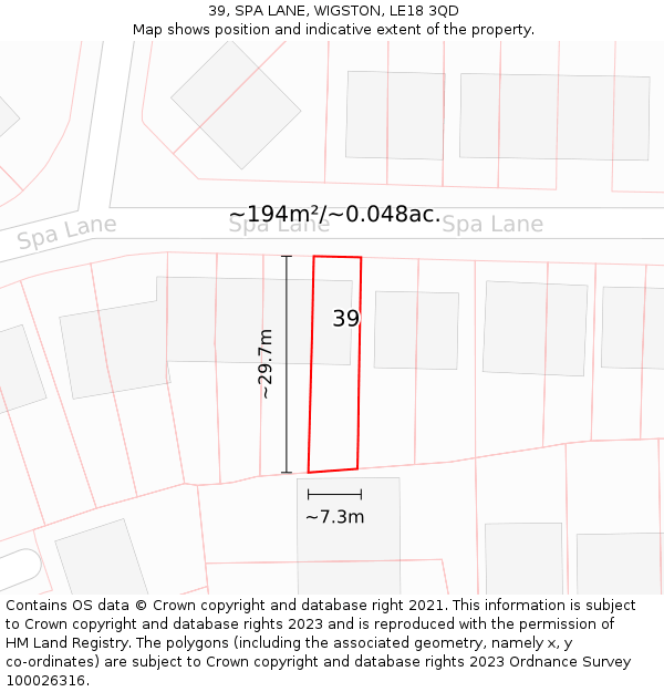 39, SPA LANE, WIGSTON, LE18 3QD: Plot and title map