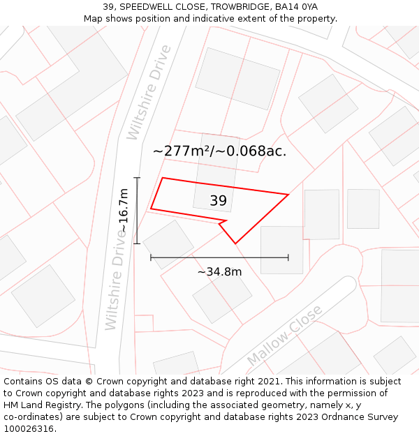 39, SPEEDWELL CLOSE, TROWBRIDGE, BA14 0YA: Plot and title map