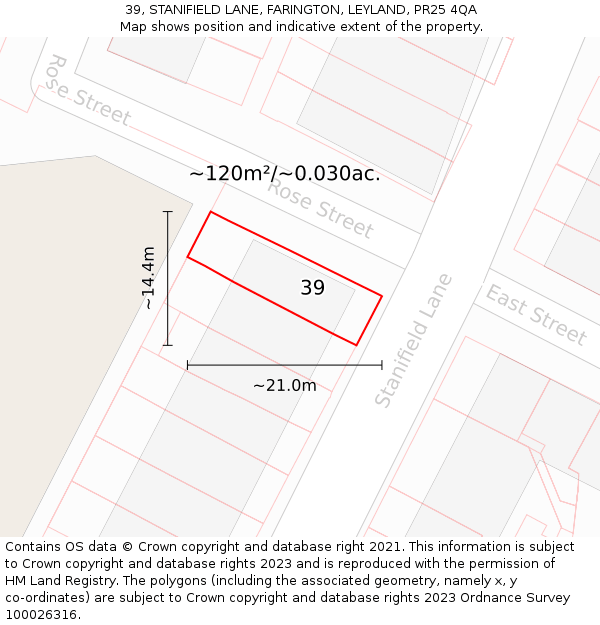 39, STANIFIELD LANE, FARINGTON, LEYLAND, PR25 4QA: Plot and title map