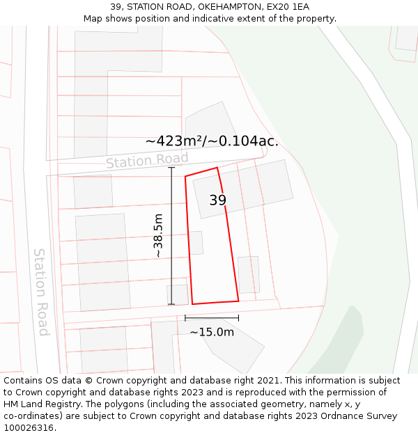 39, STATION ROAD, OKEHAMPTON, EX20 1EA: Plot and title map